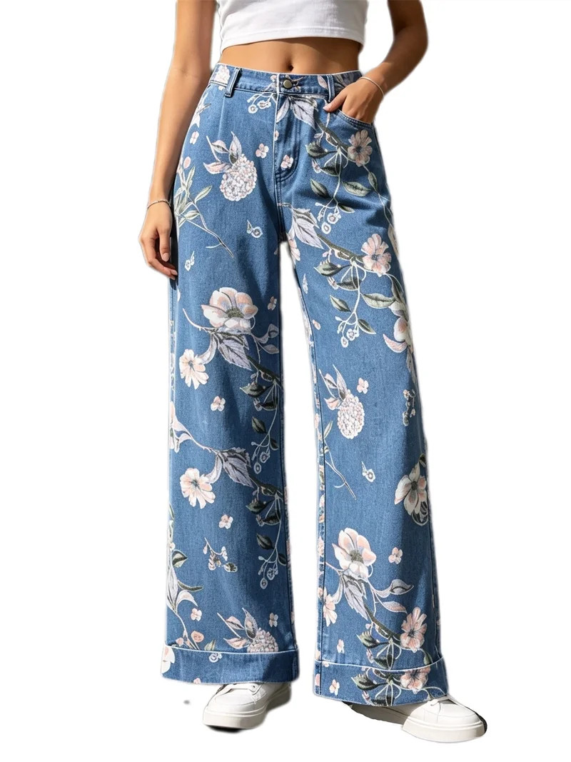 Floral Print Women Long Jeans Wide Leg Casual Denim Pants | Walmart (US)