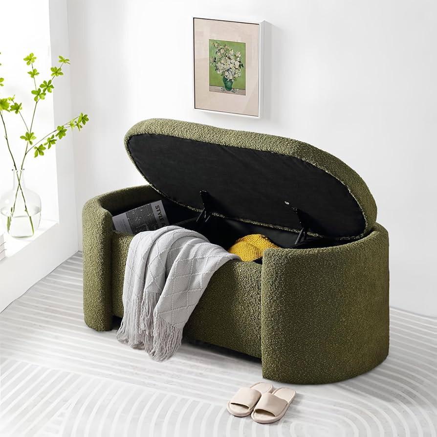 Storage Ottoman Bench- Modern Wooden Indoor Upholstered Storage Bench End of Bed Stool Sherpa Ben... | Amazon (US)