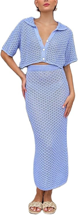 Women Crochet Knitted Skirts Set Hollow Out Lace up Swimsuit Cover Ups 2Pcs Knitted Outfits Set S... | Amazon (US)