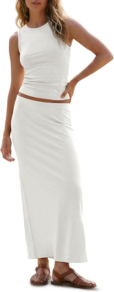 Wenrine Womens 2 Piece Outfits Sleeveless Ruched Tank Tops Casual Maxi Long Skirts Sets Summer Sl... | Amazon (US)