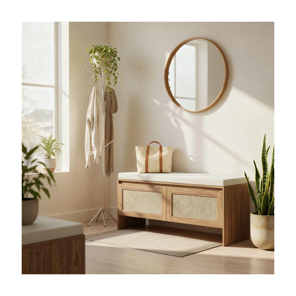 Homy Casa Woven Rattan Panel Storage Bench with Cushion Seat & Hinged Doors, Natural Oak | Target