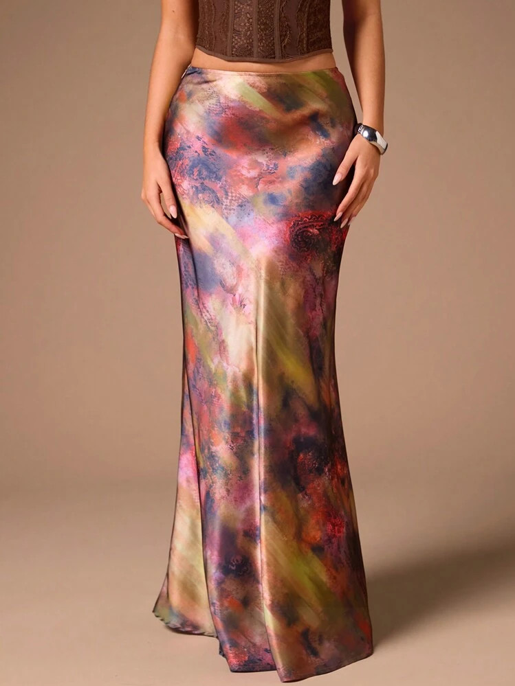 Glamine Women Elegant Versatile A-Line Midi Skirt With Dot Print Maxi Satin Women Outfit | SHEIN