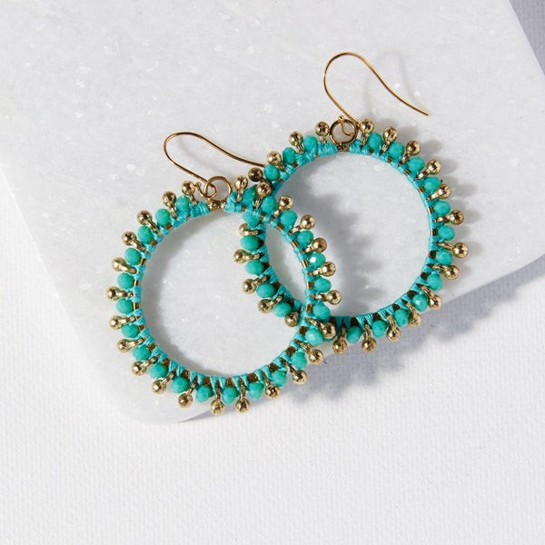 TURQUOISE GLASS BRASS HOOP DANGLE EARRINGS | INK+ALLOY