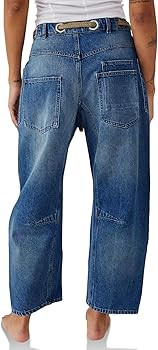 PLNOTME Womens Baggy Barrel Horseshoe Jeans Wide Leg Patchwork Low Rise Denim Pants with Pockets | Amazon (US)