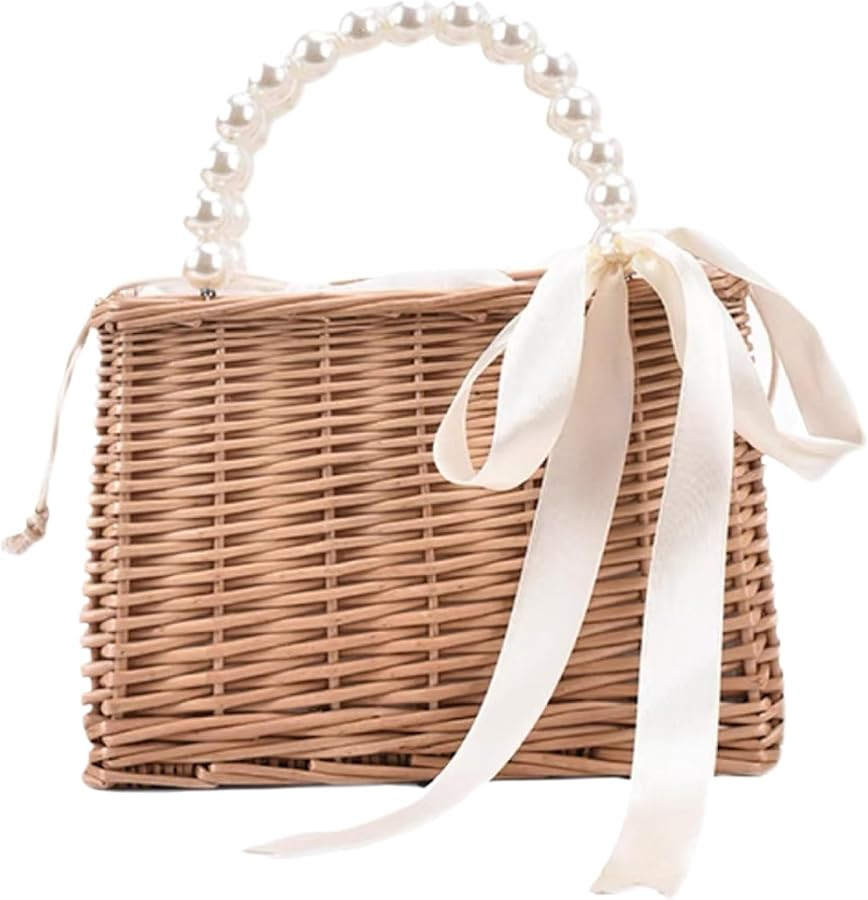 Straw Beach Bags,Summer Clutch,Rattan Woven Wicker Purse Crochet Tote with Pearl Handle and Bow | Amazon (US)