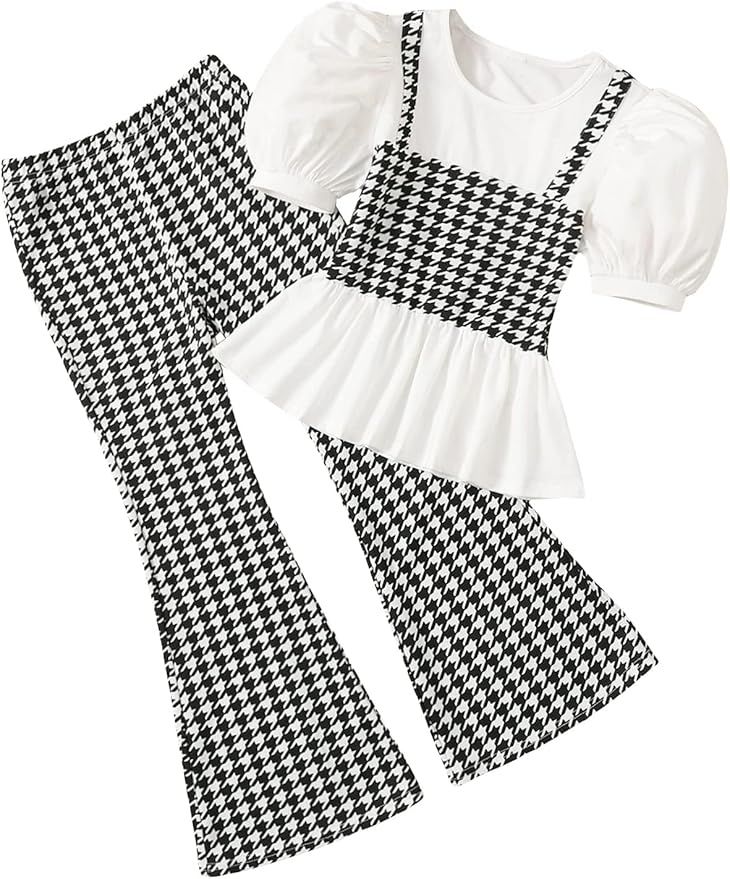 Milumia Girl's Two Piece Outfits Houndstooth Puff Sleeve Tee and Flare Pants Set | Amazon (US)