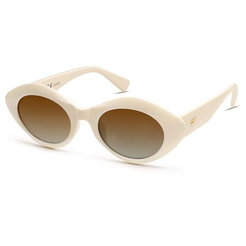VANLINKER Polarized Trendy Thick Oval Round Sunglasses for Women Retro Shades VL9825, White/Beige | Amazon (US)
