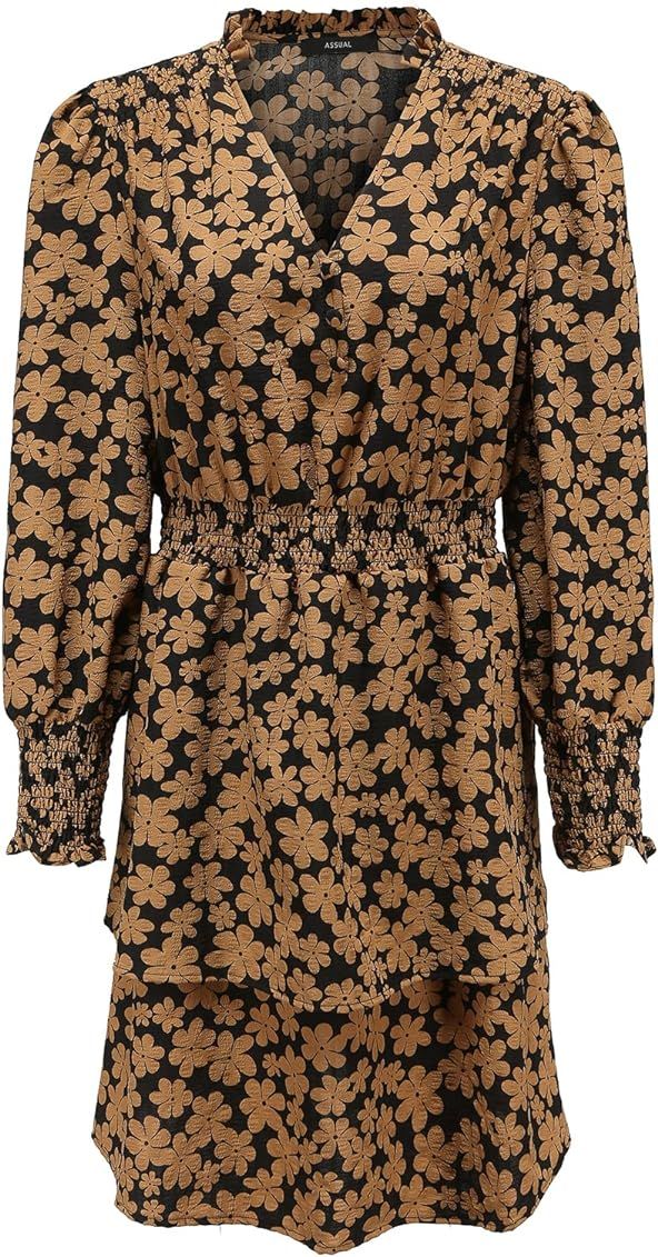 ASSUAL Women's Long Sleeve Floral Printed Dress Chiffon V Neck Smocked Elastic Waist Tiered Midi Dre | Amazon (US)