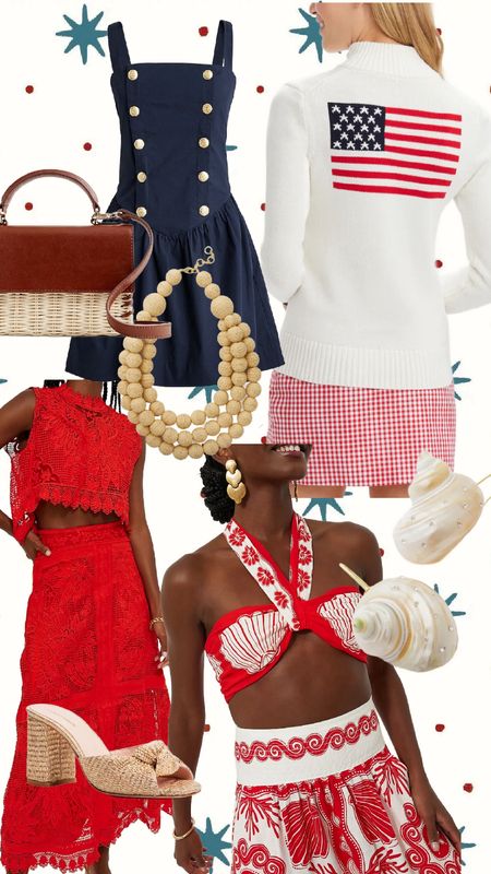 Memorial Day 4th of July outfits! Summer dresses, Tuckernuck, flag sweater, Memorial Day, swimsuit, sea shell 