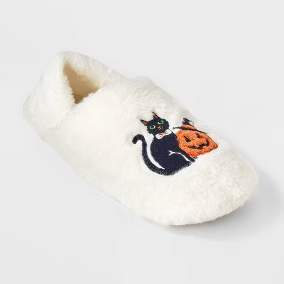 Women's Spooky Kitty Pumpkin Embroidered Halloween Faux Fur Slipper Socks with Grippers - Hyde and EEK! Boutique™ Ivory/Black/Orange S/M | Target