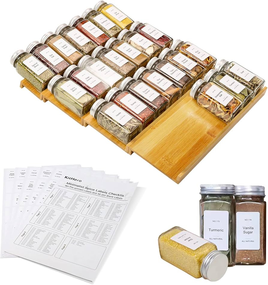 Spice Drawer Organizer with 24 Spice Jars and 216 Labels,Non-slip Rubber, Bamboo 4 Tier Spice Rac... | Amazon (US)