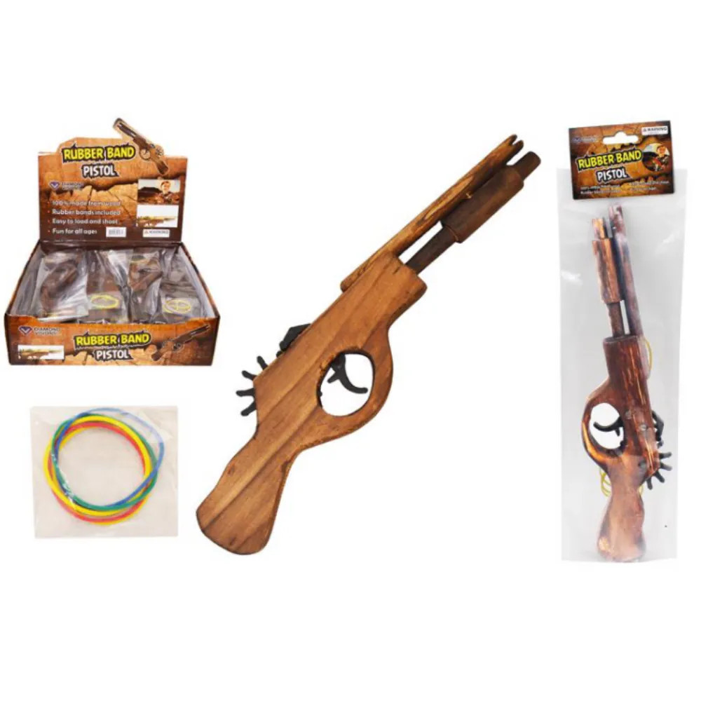 Diamond Visions Wooden Rubber Band Pistol TM-2585, 12 inch wood rubber band gun sold in a 12 pack