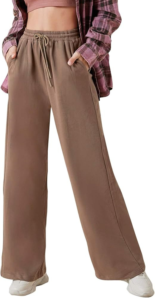 Floerns Women’s Fall Drawstring High Waist Wide Leg Pants Sweatpants | Amazon (US)