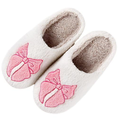JINLONYU Cute Bow Slippers for Women Embroidered Cozy Memory Foam Fluffy House Couple Shoes Pink bow43-44 | Amazon (US)