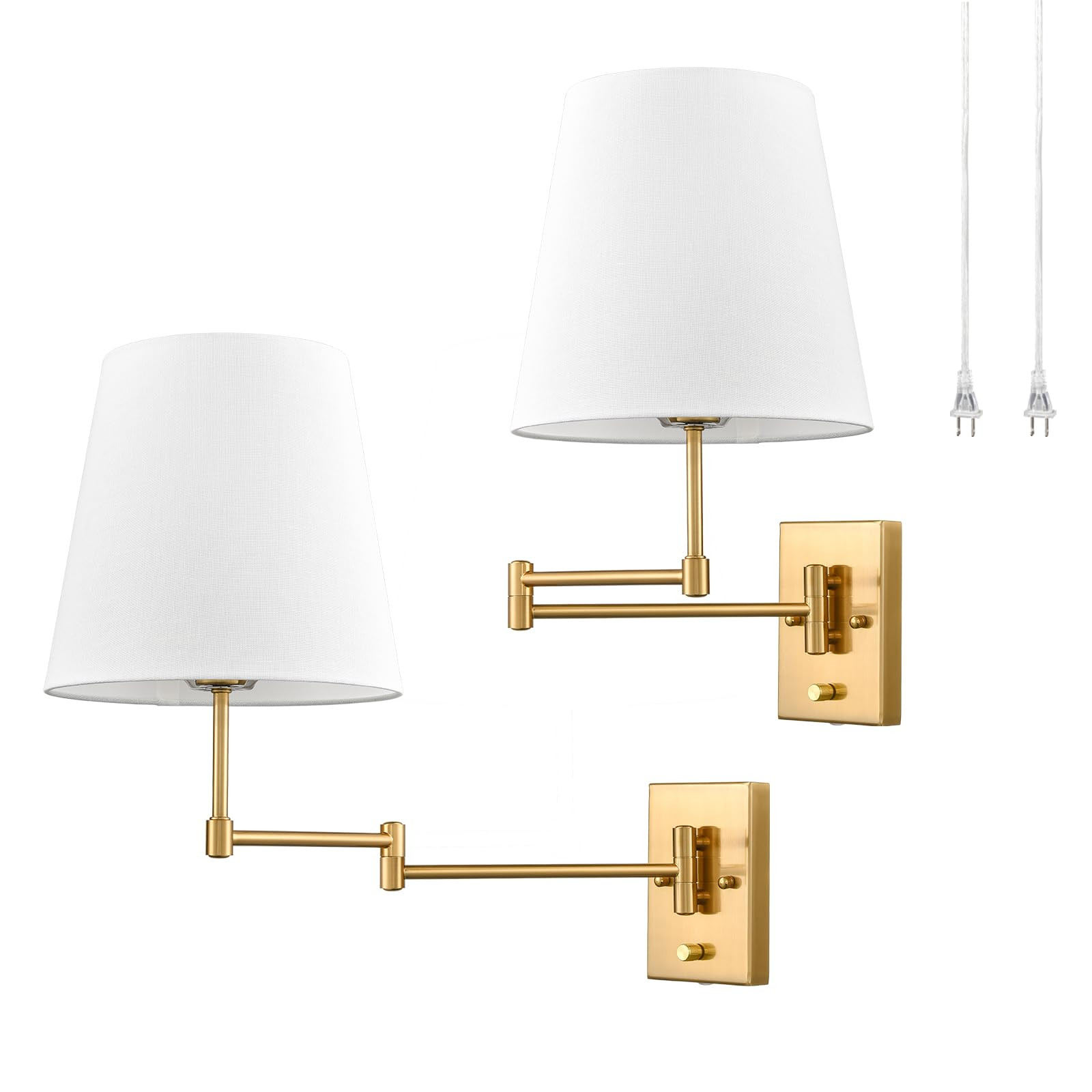 HYDELITE Gold Swing Arm Wall Lamp Brass Wall Sconces with Linen Shade | Plug-in or Hardwired Wall... | Amazon (US)