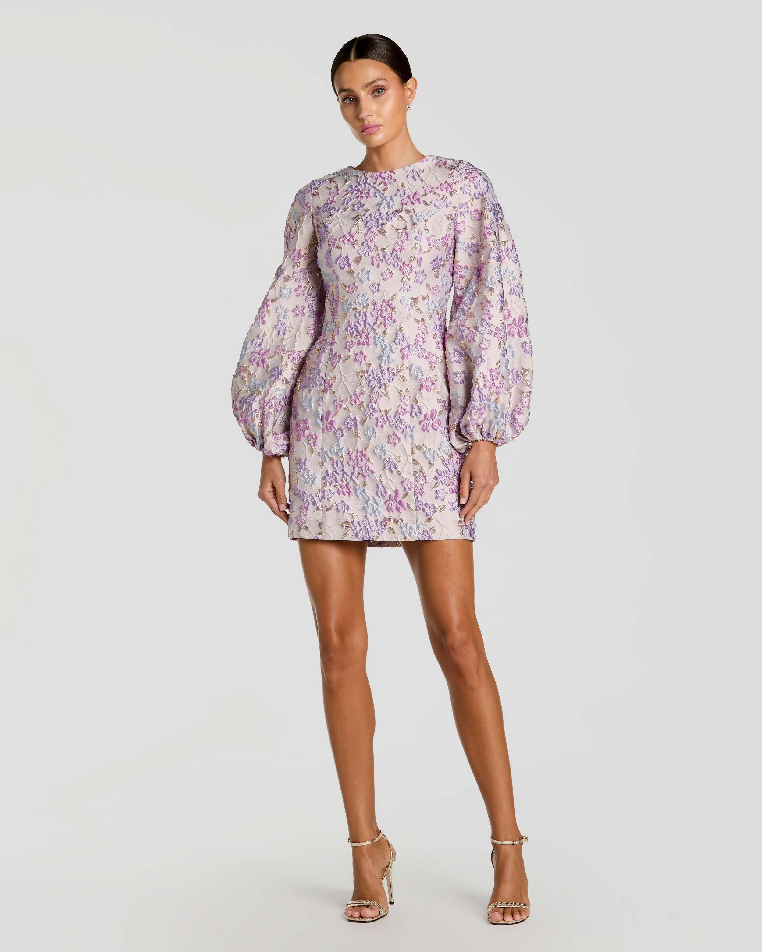 Purple Floral Brocade Balloon Sleeve Mini Dress | Mac Duggal