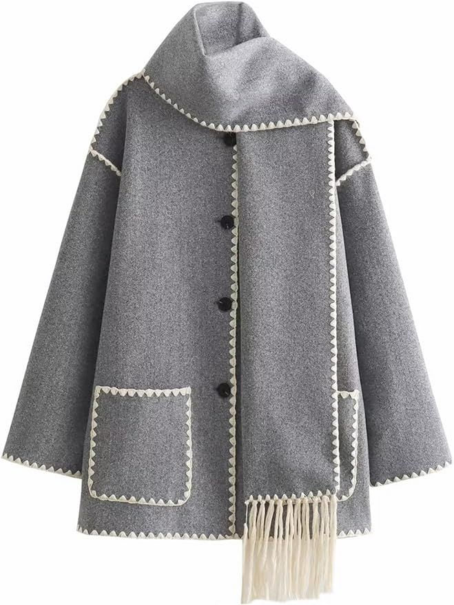Arssm Womens Embroidered Scarf Jacket Wool Blend Coat Oversized Button Down Winter Outwear with T... | Amazon (US)