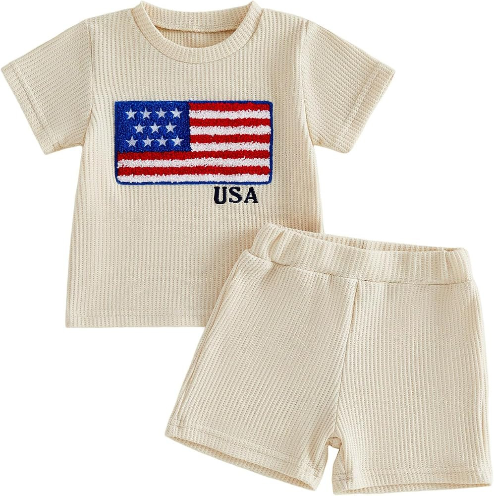 Karuedoo Toddler Baby Boy 4th of July Outfit American Flag Embroidery Waffle Knit Short Sleeve T ... | Amazon (US)