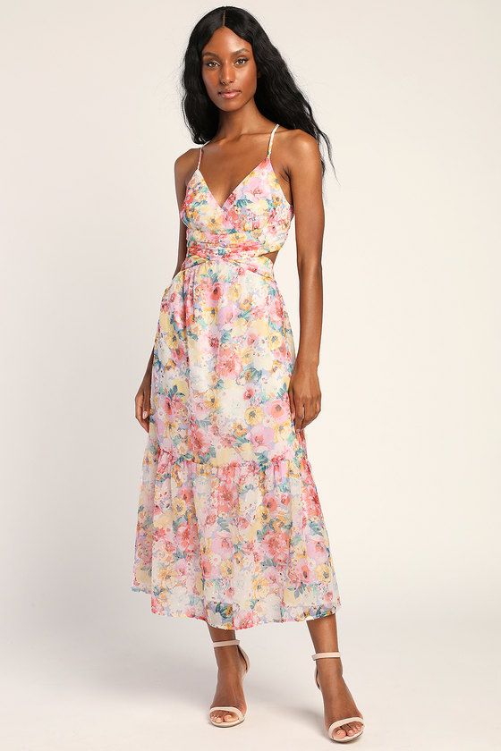 Flower Fields Pink Multi Floral Print Lace-Up Midi Dress | Lulus (US)