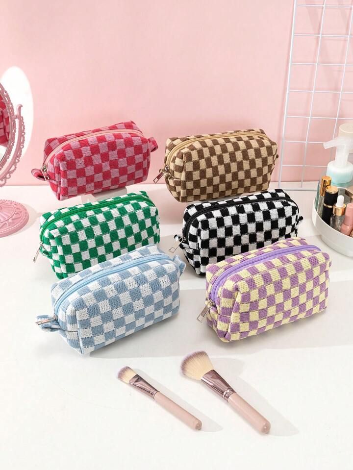 1Pc Checkerboard Green Large Capacity Portable Fabric Makeup Bag For Women Girls Black Friday,Mak... | SHEIN