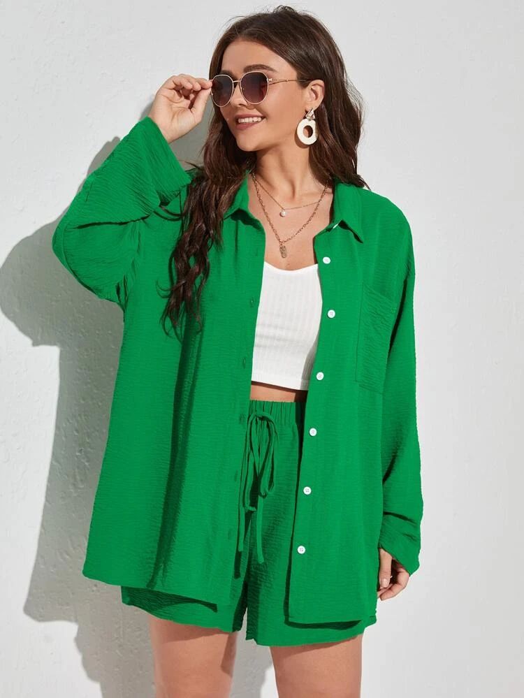 Plus Textured Drop Shoulder Blouse & Shorts | SHEIN