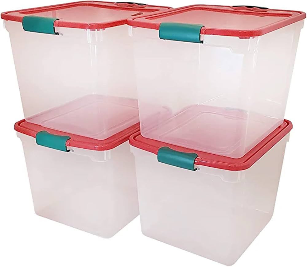 HOMZ 31-Quart Medium Holiday Clear Stackable Organizer Plastic Storage Container with Red Tight L... | Amazon (US)