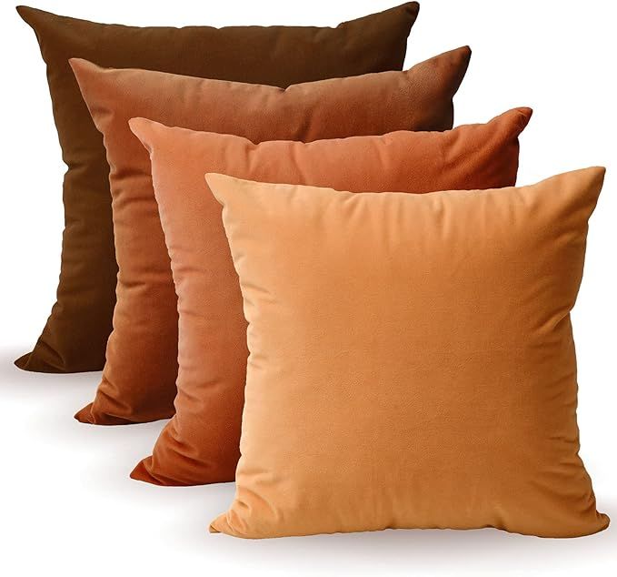 Tayis Brown Throw Pillow Covers, Velvet Soft Solid Square Accent Pillow Cover 18x18 Set of 4 Deco... | Amazon (US)