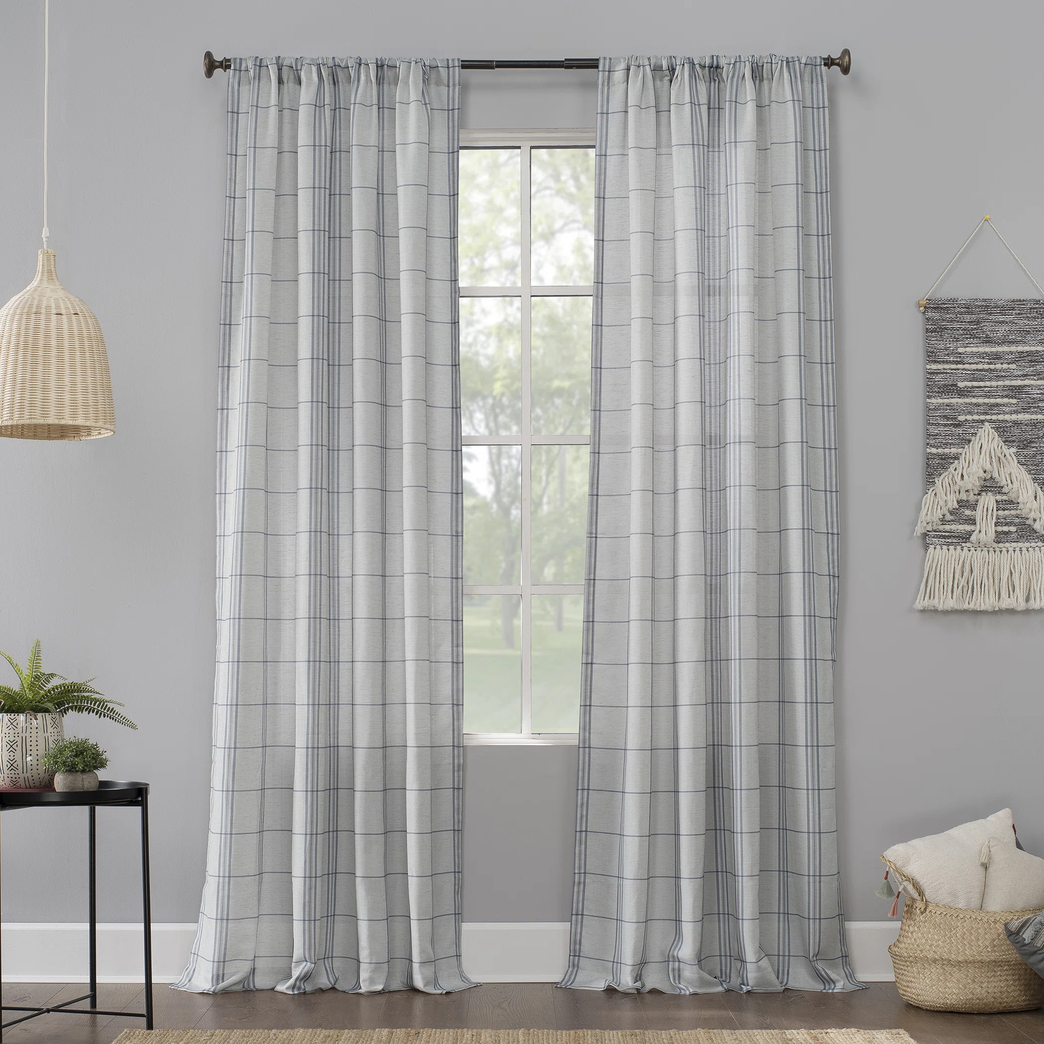 Fryman Farmhouse Plaid Linen Semi-Sheer Rod Pocket Curtain Panel | Wayfair North America