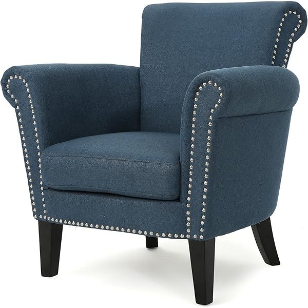Christopher Knight Home Brice Vintage Scroll Arm Studded Fabric Club Chair, Steel Blue / Dark Brown | Amazon (US)