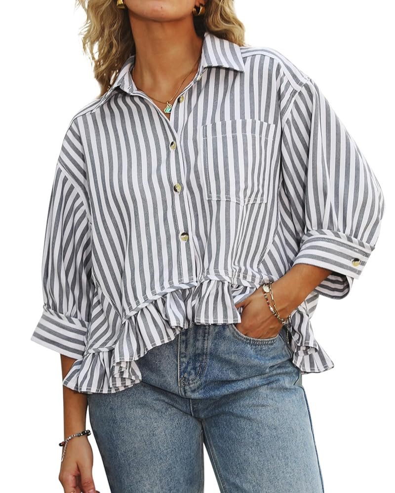 CHYRII Womens Summer Tops Dressy Casual Blouse Top Ruffled Short Sleeve Button Down Striped Shirt | Amazon (US)
