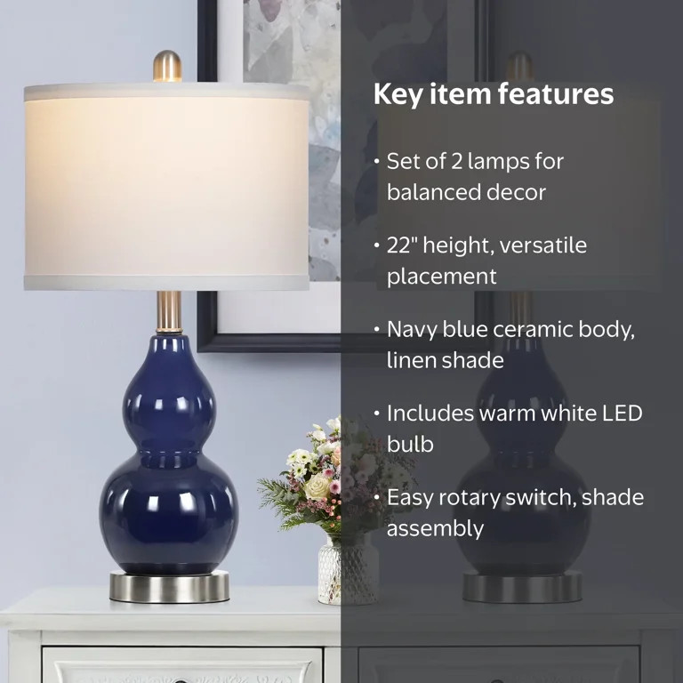 Cinkeda Coastal Double Gourd Ceramic Table Lamp Set of 2 for Living Room Bedroom 22" Nautical Blu... | Walmart (US)