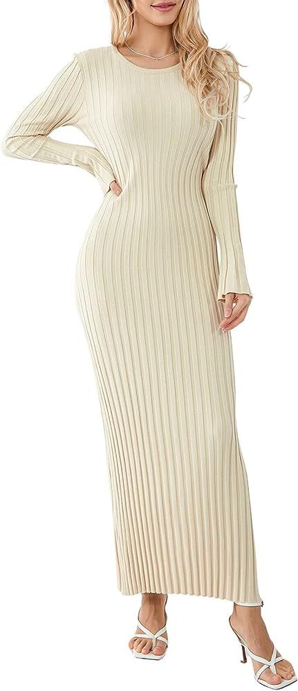 Women Crew Neck Ribbed Knit Long Dress Slim Fit Long Sleeve Bodycon Maxi Dress Elegant Sexy Knitted  | Amazon (US)