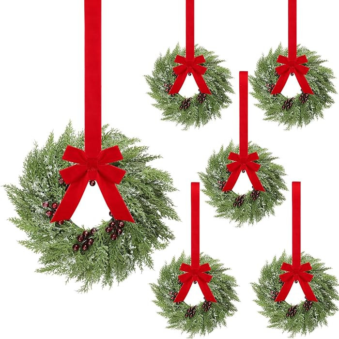 6 Pcs Small Christmas Norfolk Wreaths 15 Inch Christmas Kitchen Cabinet Mini Wreath Real Touch wi... | Amazon (US)