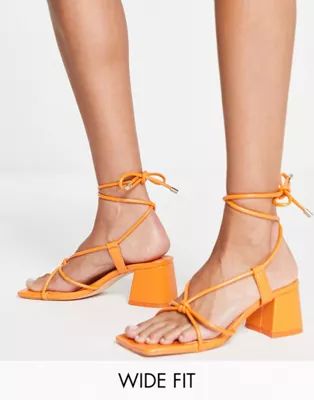 Public Desire Wide Fit Aloha knot strap mid heel sandals in orange | ASOS (Global)
