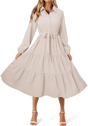 BerryGo Womens Long Sleeve Dresses 2026 Maxi Casual V Neck Belted Button Down Wedding Guest Shirt... | Amazon (US)