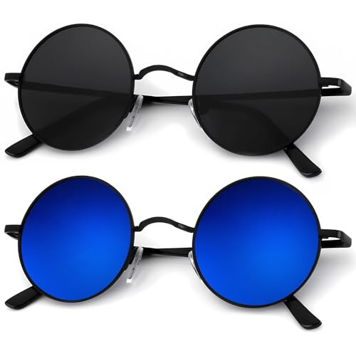 KALIYADI Round Polarized Sunglasses for Men Women Retro Metal Hippie Circle Style Sun Glasses UV Protection (2 Pack) 45mm | Amazon (US)