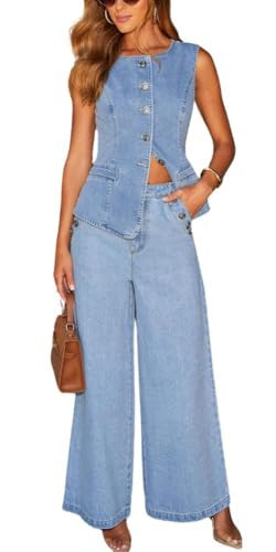 XQR Women's Denim Set 2 Piece Outfits Button Down Sleeveless Blazer Vest Wide Leg Jeans Matching Suits Set (Small, Blue) | Amazon (US)