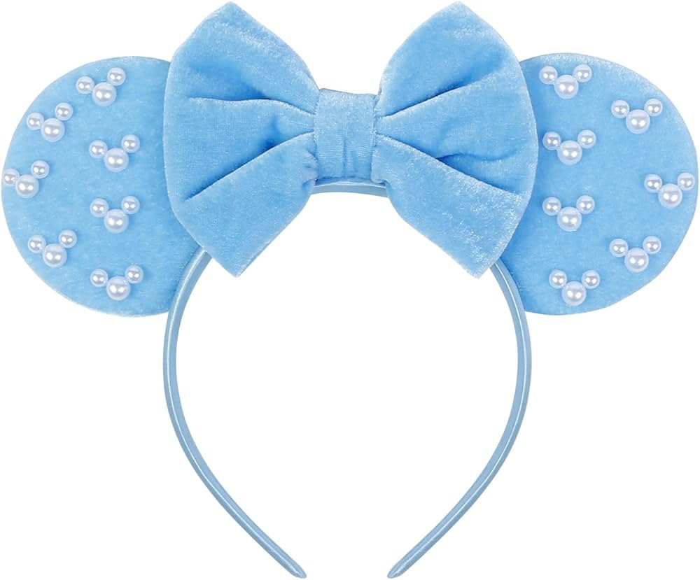 WOVOWOVO Mouse Ears Headbands for Women Blue Bow Pearl Hairbands Velvet Headband Hair Accessories | Amazon (US)
