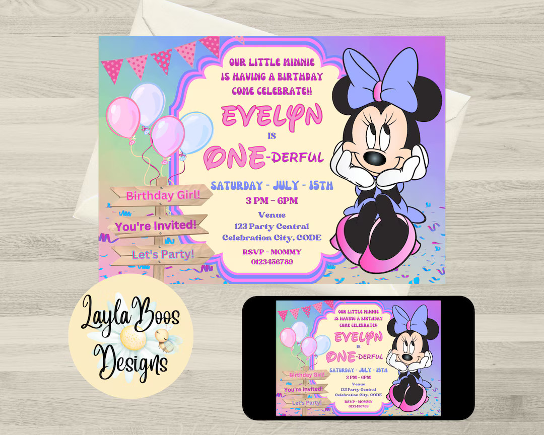 Girls 1st Birthday Minnie Mouse Birthday Invitation, Onederful Minnie Invite, Minnie Invitation, ... | Etsy (US)
