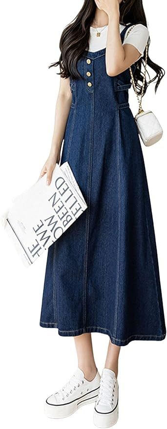 CHARTOU Women's Elegant Straps Back Smocked A-Line Long Skirt Denim Overall Pinafore Dress | Amazon (US)