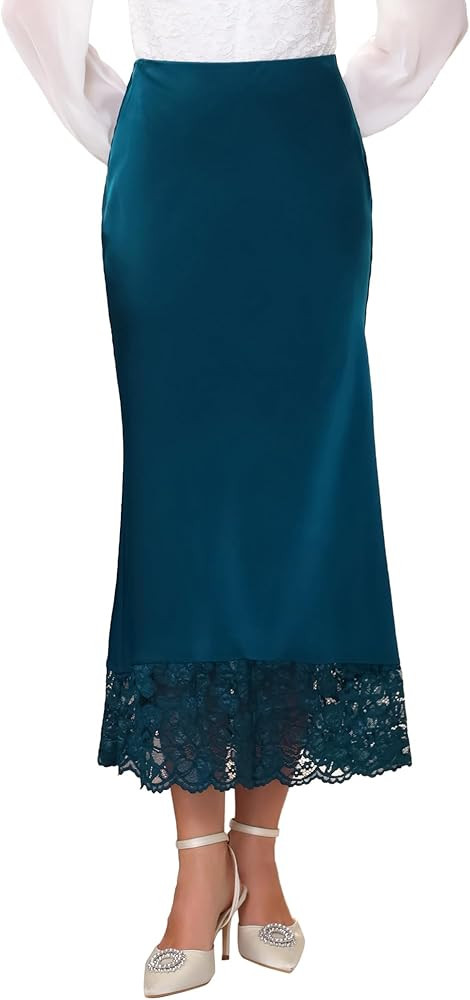 Women's Satin Skirt Formal Lace Trim High Waist Cocktail Evening Bodycon Long Maxi Skirts | Amazon (US)