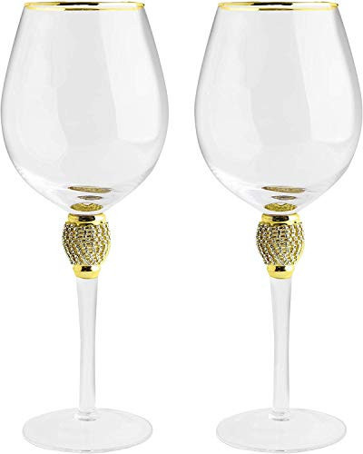 The Wine Savant Large Diamond Wine Glasses, Gold Rim Rhinestone Diamond Glasses - Wedding Glasses - 15 Ounce, Premium Designed Wine Glasses for Spirits and Wine, Gift Boxed (2, Clear) | Amazon (US)