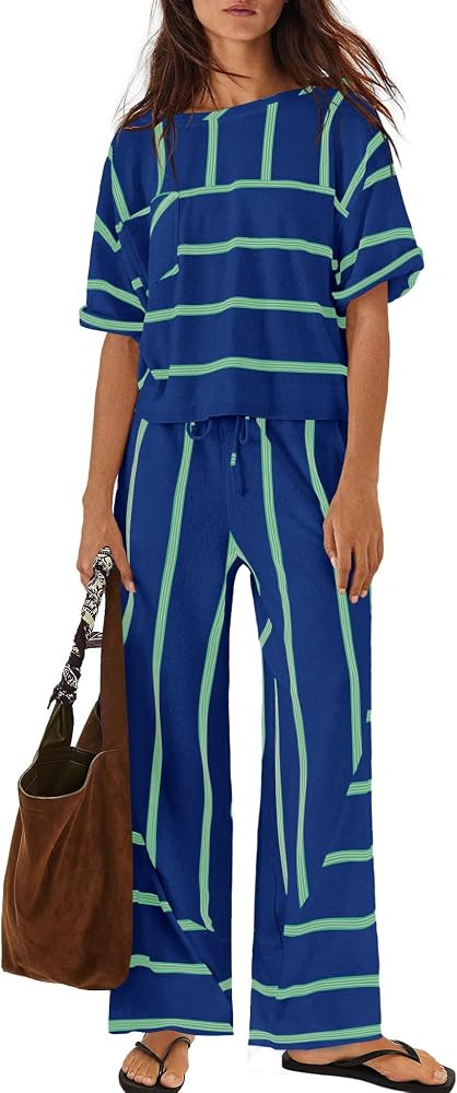 Nirovien Womens Striped Lounge Set 2 Piece Vacation Sets Short Sleeve Tops and Wide Leg Pants Tra... | Amazon (US)