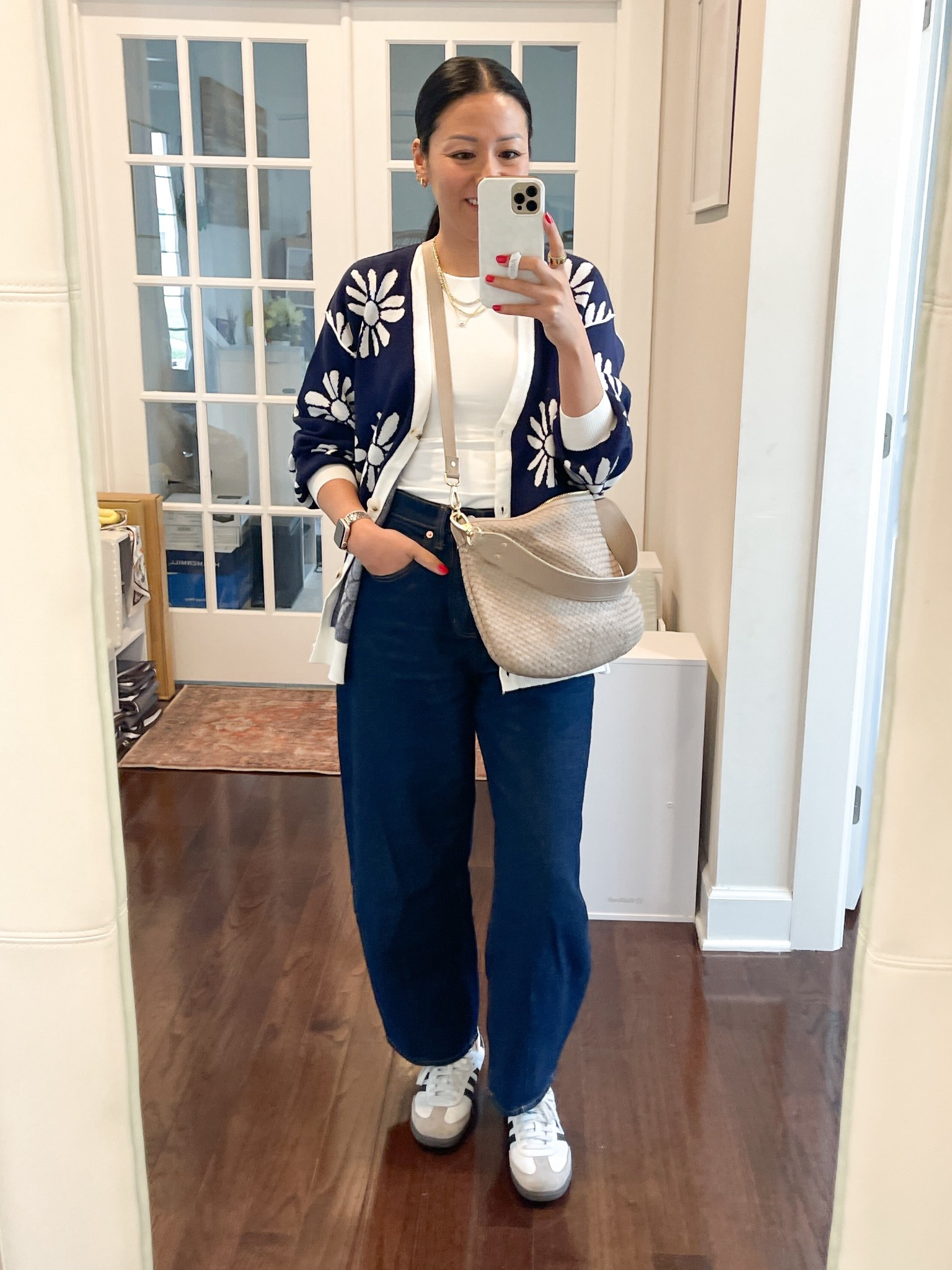  size, small cardigan and  tank
 size 4 jeans 
size down 1/2 in  sneakers

Barrel jeans
Dark Wash jeans
Sambas
Oversized cardigan

#LTKOver40 #LTKootd #LTKSaleAlert