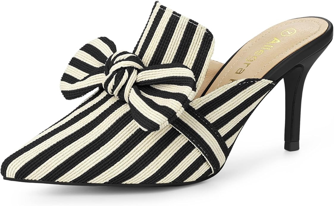 Allegra K Women's Stripe Bow Slip on Stiletto Heel Slides Mules | Amazon (US)