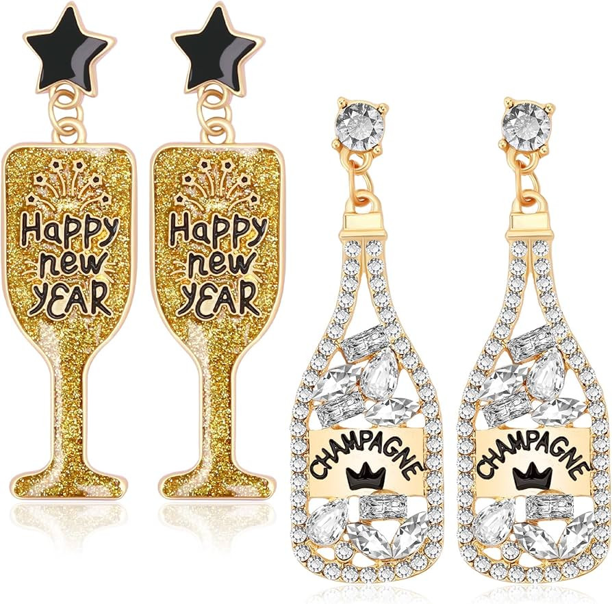 2 Pairs Happy New Year Earring for Women, Christmas Glitter Rhinestone Stud Earrings Beaded New Y... | Amazon (US)