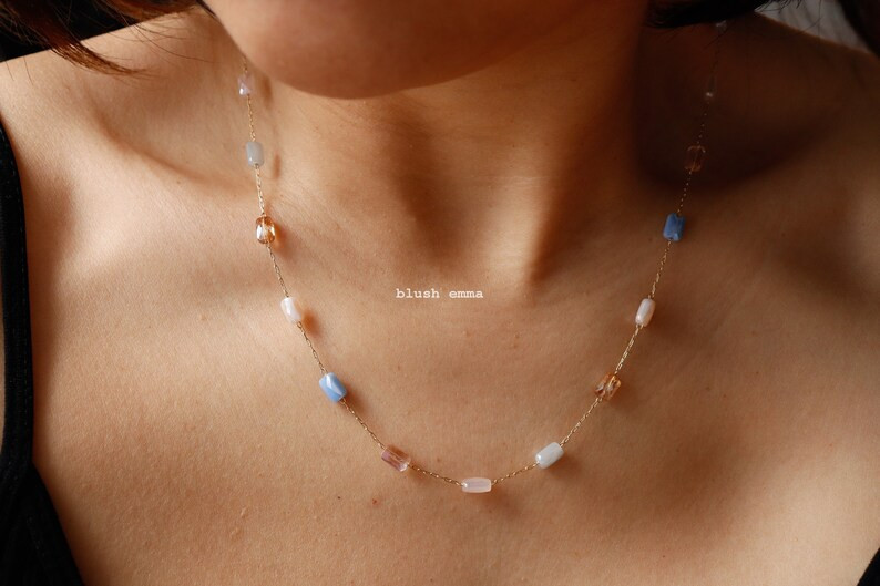 Pastel Moon Monotone Glass Beaded Necklace, Faceted Rectangle Bead Boho Gold Clavicle | Minimalis... | Etsy (US)