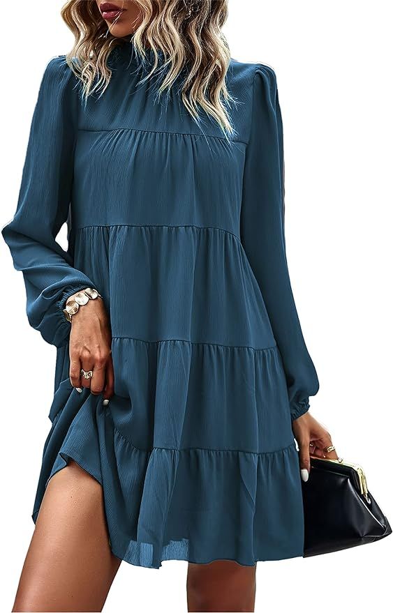 KIRUNDO Women's Long Sleeve Ruffle Mock Neck Tiered Mini Babydoll Dress Casual Flowy Swing Tunic ... | Amazon (US)