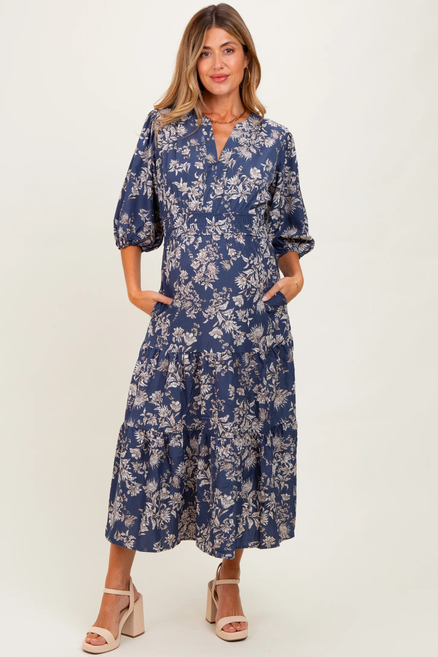 Blue Floral 3/4 Sleeve Smocked Waist Maternity Midi Dress | PinkBlush Maternity