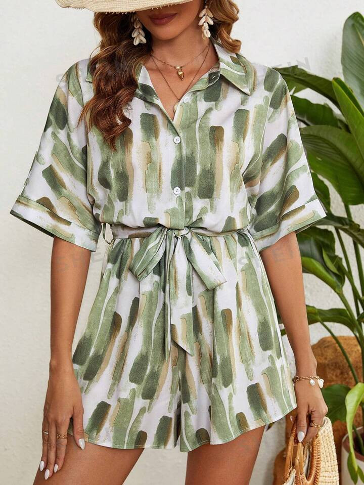 SHEIN VCAY Printed Button-Down Half Placket Short Sleeve Jumpsuit | SHEIN